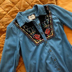 Anthro Holding Horses Embroidered Chambray Shirt